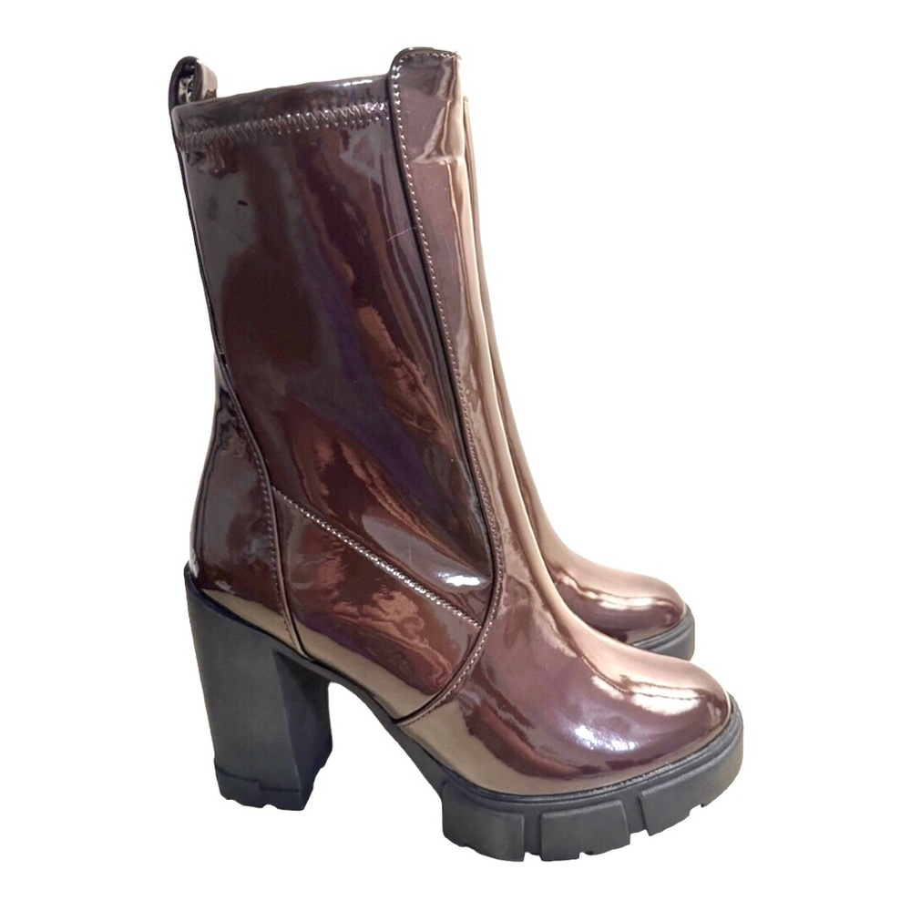 Aldo Illanna brown patent pull-on lug sole heeled ankle boots size 10 new - Picture 12 of 15